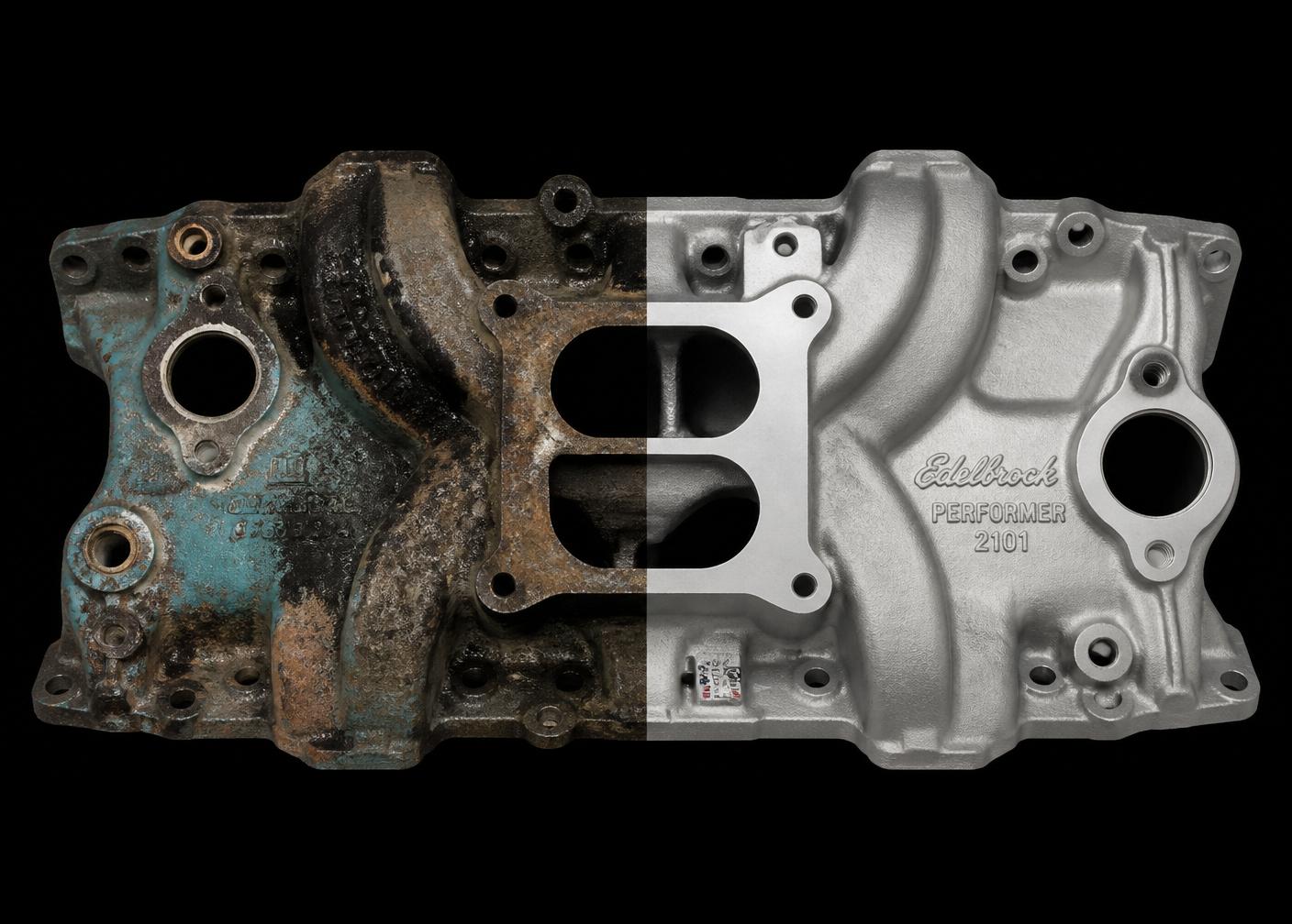 Corroded automotive part restored to bare metal